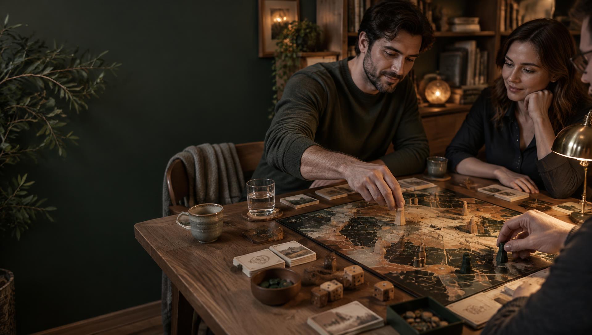 Friends moving wooden pieces around a board game in a warmly lit European apartment